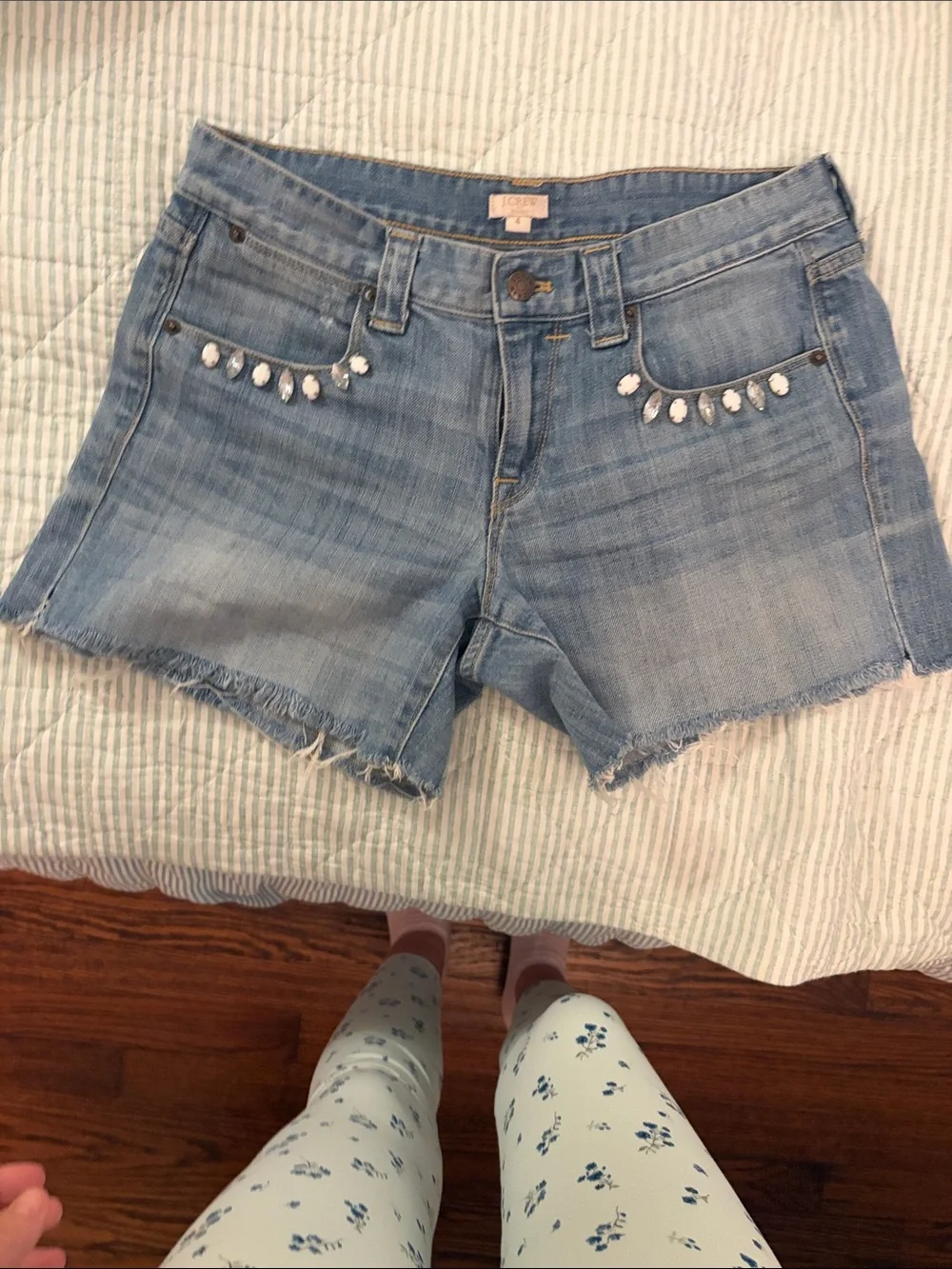 J. Crew Light Blue Denim Shorts with Teardrop Crystal Trim
